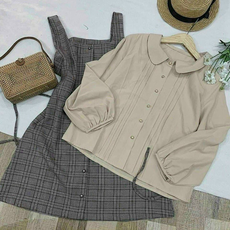 SET SƠ MI CỔ SEN TAY PHỒNG + YẾM CARO