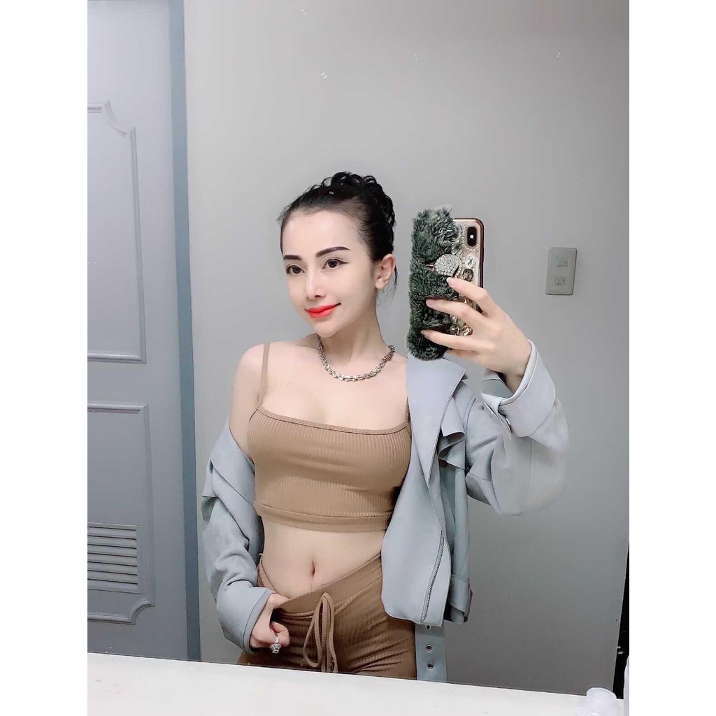 Set áo 2 dây + quần loe len tăm màu rêu set body sang chảnh Annastore