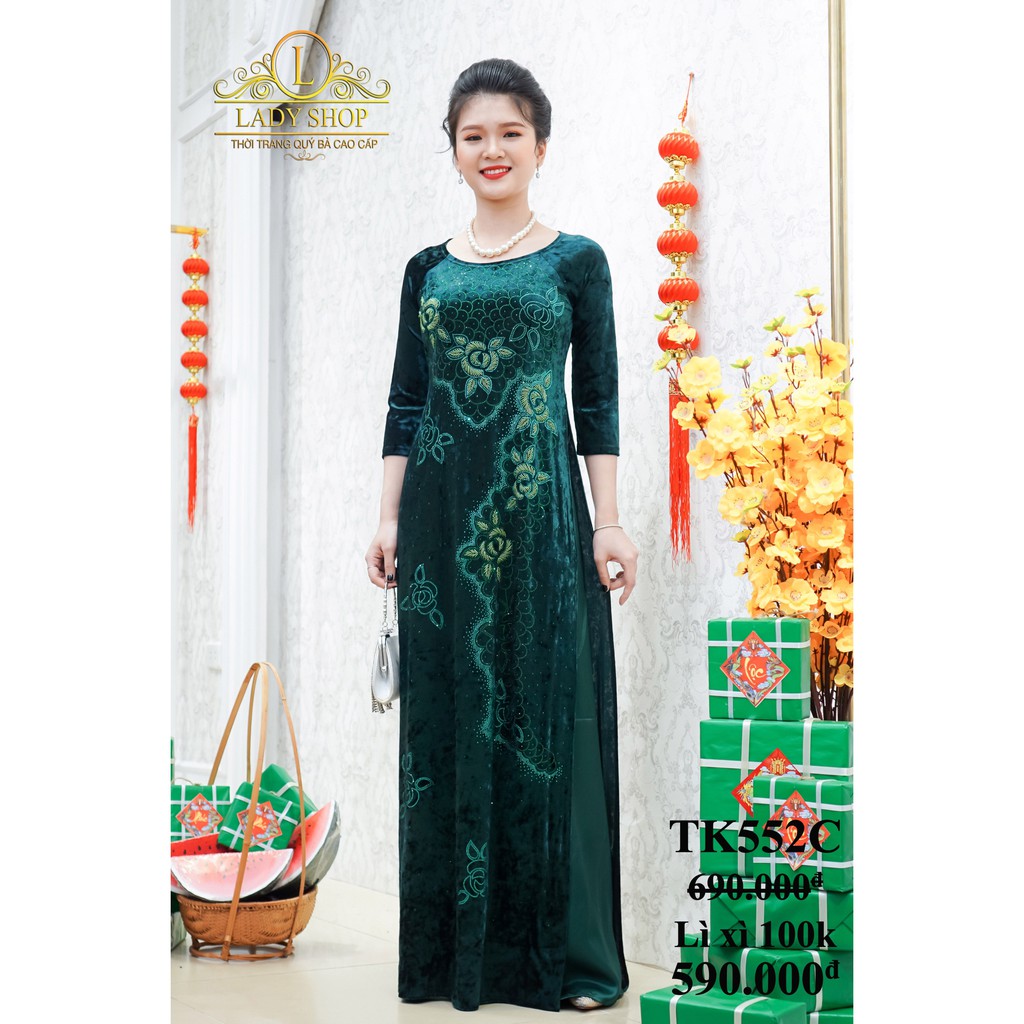 Áo dài trung niên thời trang quý bà cao cấp - Ladyshop - Áo dài nhung đá lưới hoa hồng TK552