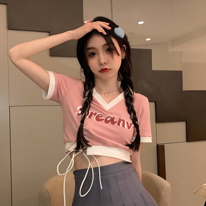 【ZHELIHANGFEI】 / Áo Thun Tay Ngắn Màu Trơn Kiểu Retro Mỹ Thời Trang Mùa Hè Cho Nữ