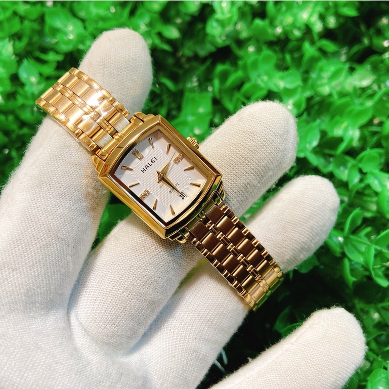 Đồng hồ nữ Halei dây vàng mặt vuông chạy lịch ngày chính hãng chống nước