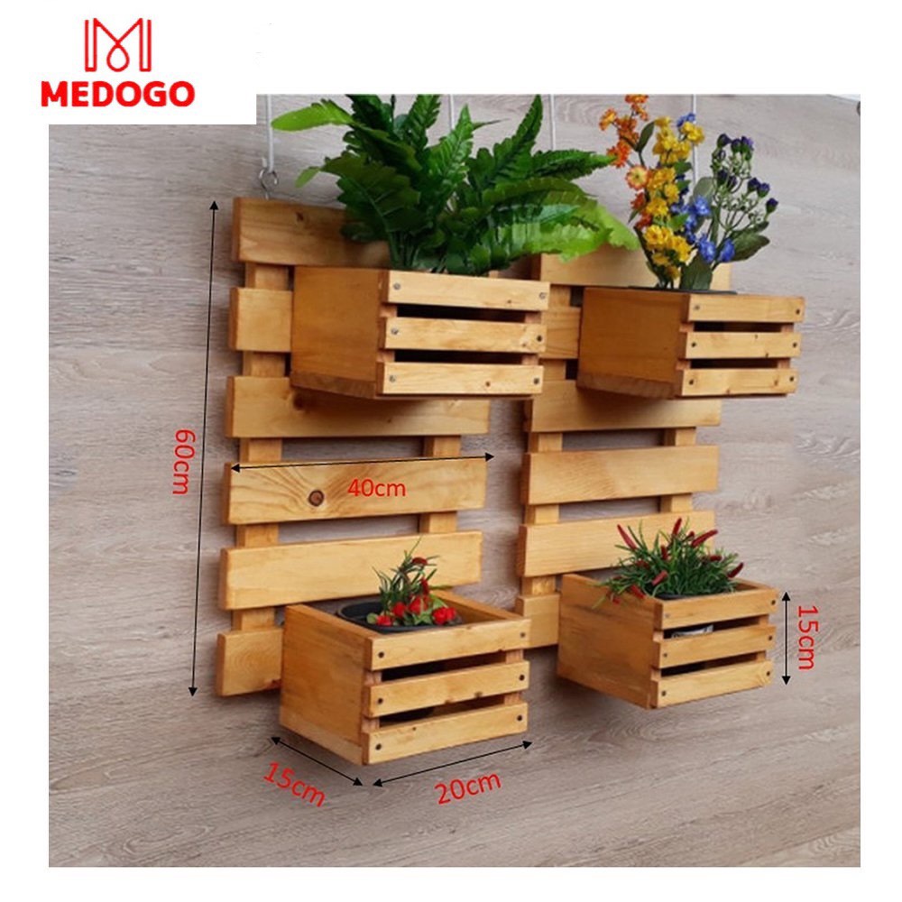Kệ gỗ MEDOGO ban công có hộp pallet trồng cây cảnh trang trí nội thất sân vườn đẹp
