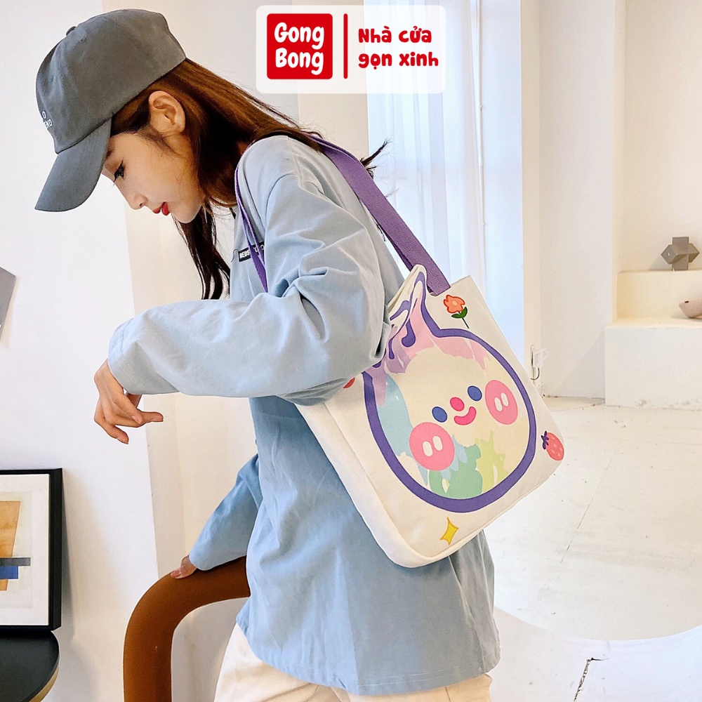 Túi xách nữ hoạt hình dễ thương túi tote trắng hình thỏ dây tím mùa hè đeo vai cỡ lớn vải Canvas bền đẹp