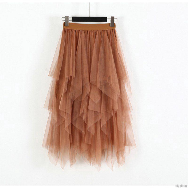 Korean Women Elastic High Waist Solid Color Irregular Mesh Stitching Wild A-line Long Paragraph Skirt | BigBuy360 - bigbuy360.vn
