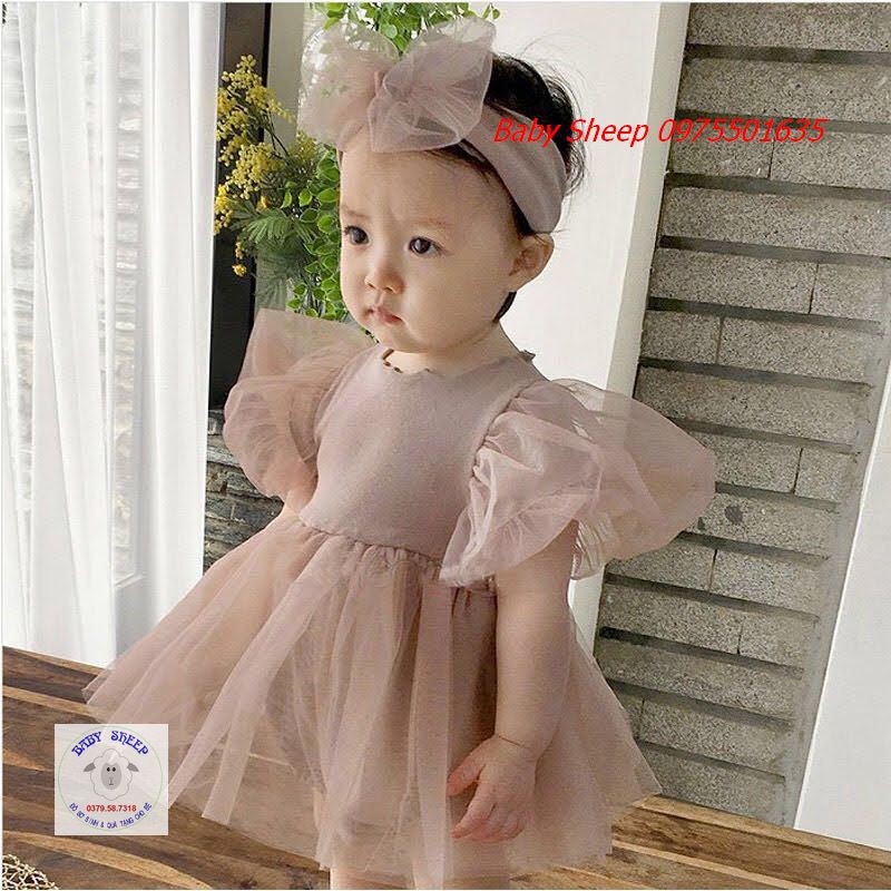 Váy body tiểu thư công chúa tay bồng váy xòe màu trắng và be Baby Sheep cho bé 0-2 tuổi hàng cao cấp