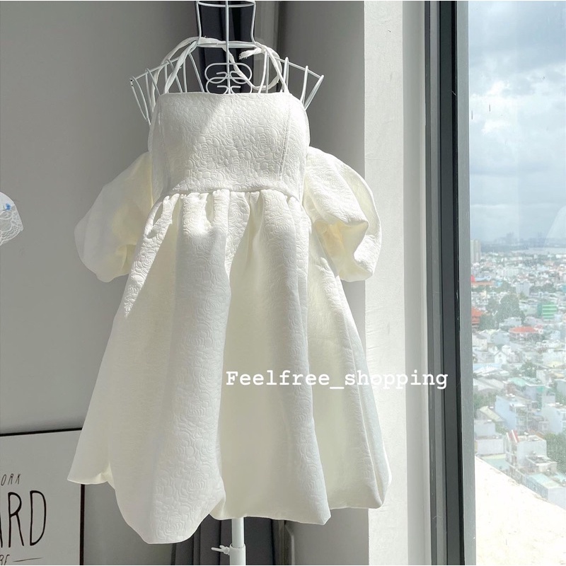 Đầm váy yếm rớt vai tay phồng mút ngực hoa nổi 2 lớp dáng ngắn mặc đi chơi,đi tiệc,du lịch, kỉ yếu, đám cưới (Hình thật)