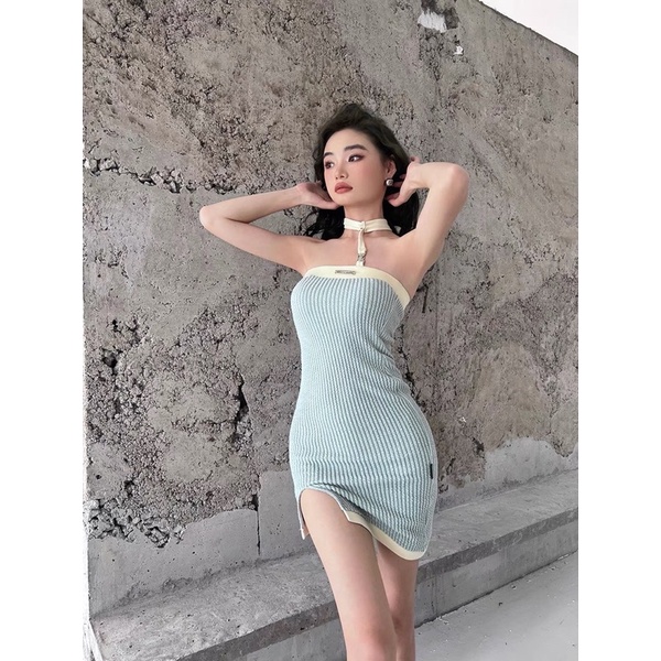 Set đầm cúp ngực dây cổ+ áo khoác len dài tay
