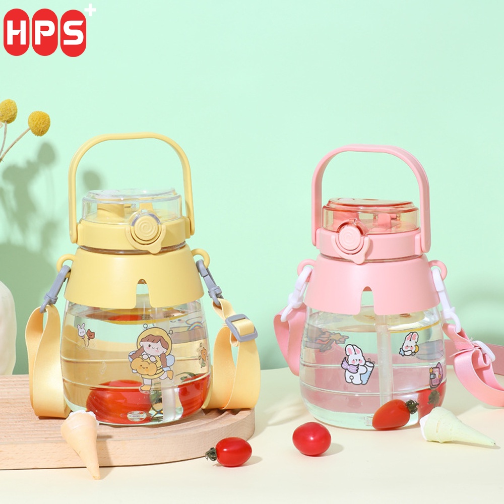Bình nước 1,3L Bình đựng nước cute chịu nhiệt tốt, 2 đầu hút thẳng và ống hút, quai đeo chéo tiện lợi