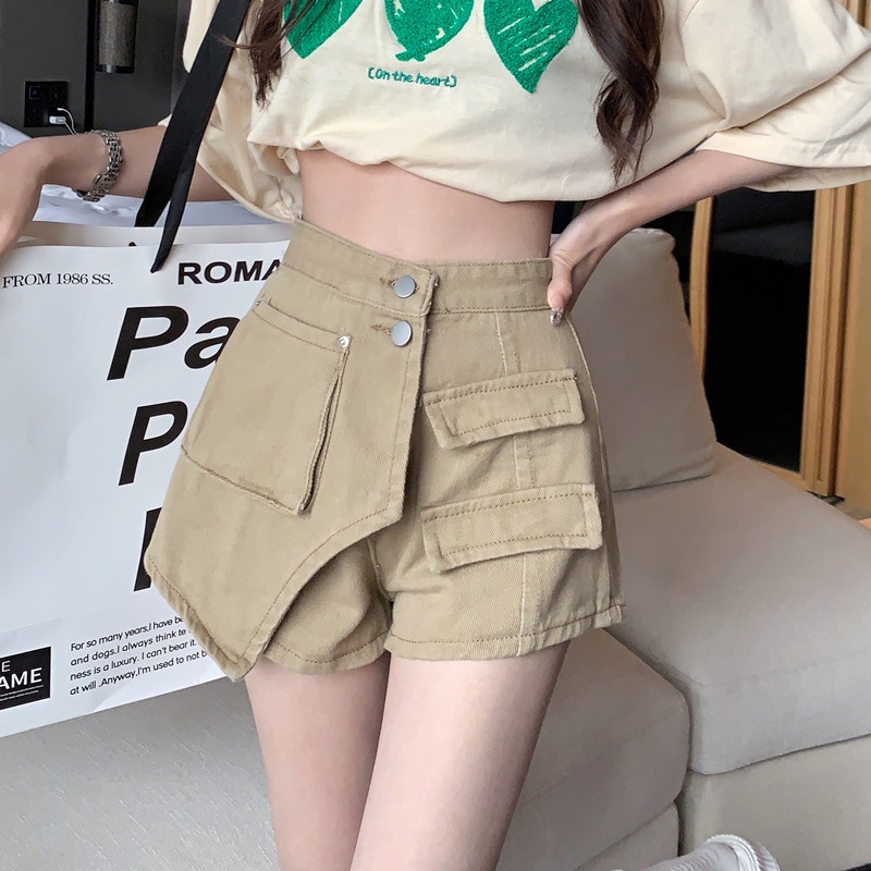 Quần Short denim Chữ A Ống Rộng Phong Cách retro Dành Cho Nữ