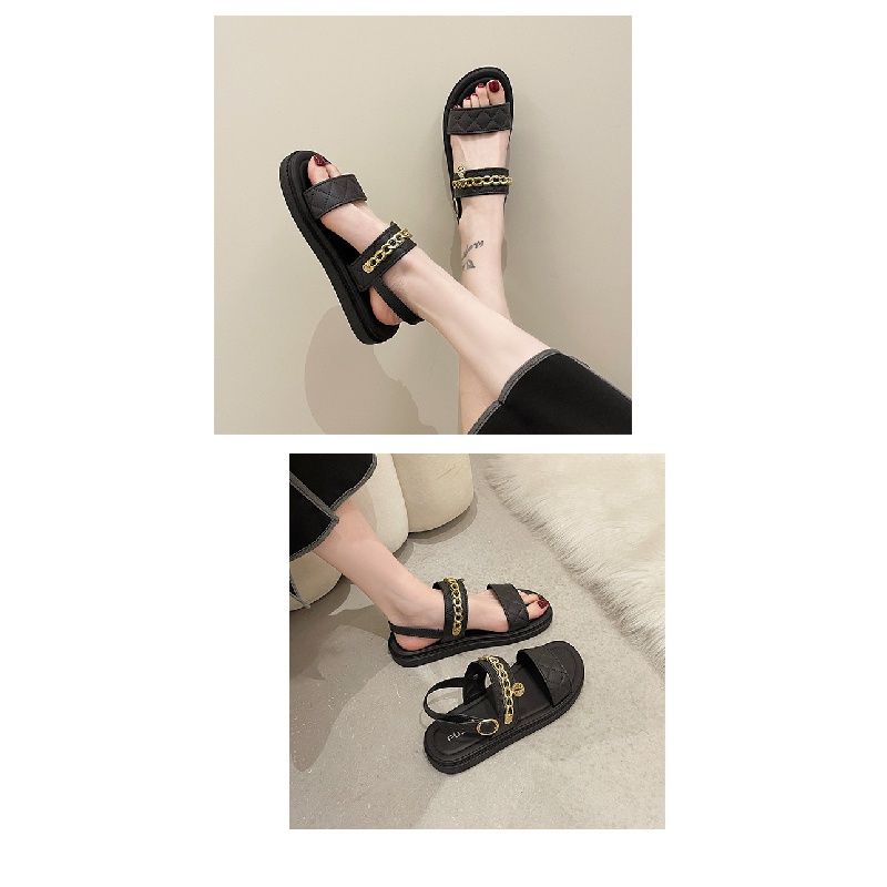 Giày Sandal Đế Bằng Phối Dây Xích Thời Trang Xuân Hè Xinh Xắn Cho Nữ