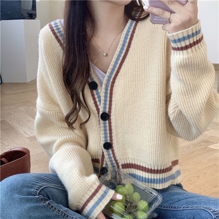 Off-White Áo Khoác Cardigan Dệt Kim Cổ Chữ V Dáng Rộng Phong Cách Retro Nhật Bản