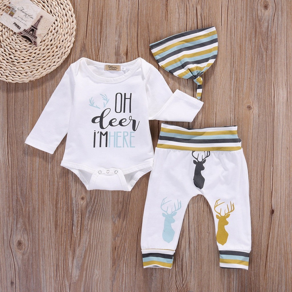 Bộ Romper Liền Mảnh Tay Dài + Quần Dài + Nón Vải Thun Cotton Cho Các Bé Từ 0-18 Tháng Tuổi