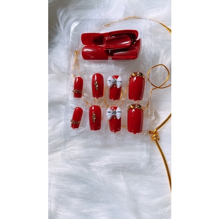 Móng Tay Giả Đính Đá Nơ 24 Móng Đính Đá Kèm Keo màu đỏ