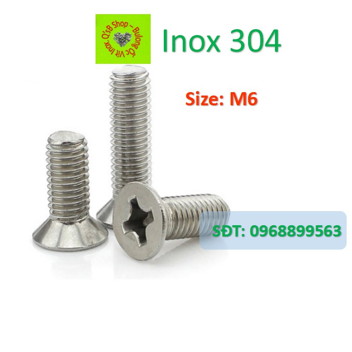 Vít pake đầu bằng inox size M6 , ốc 4 cạnh đầu  non inox, ốc vặn tua vít đầu bằng thân bulong, inox 304