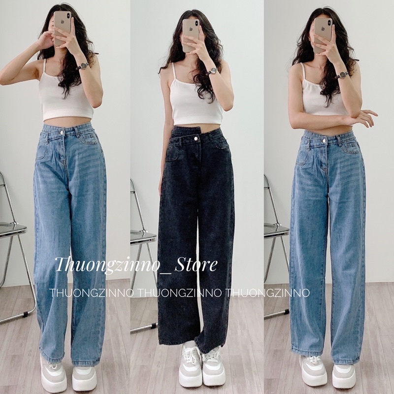 [Ảnh thật/Video]Quần Jean ống rộnh cạo chéo ba màu hottrend Quần bò ống rộng form to Quảng Châu