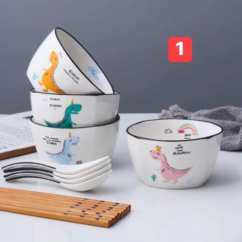 Sét 4 bát cơm vuông kèm 4 thìa hoặc 4 đôi đũa