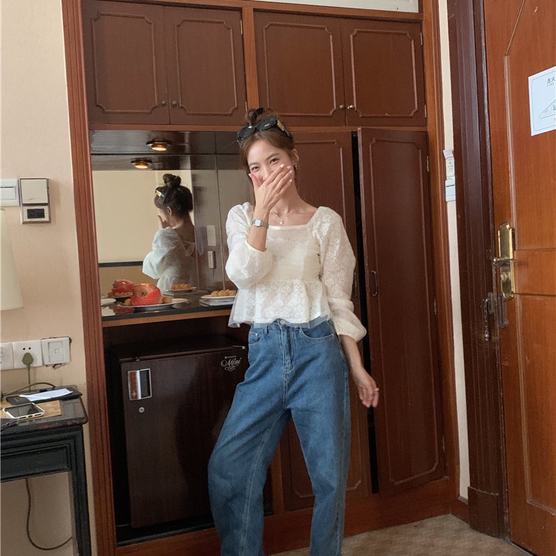 SUXI Áo Sơ Mi Chiffon Tay Dài Phối Ren Đơn Giản Ngọt Ngào Thời Trang Mùa Thu Cho Nữ