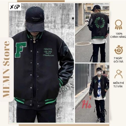 Áo bomber nỉ chữ F tay da chất nỉ cotton ngoại phối tay da bo dệt sịn MEMN 1178