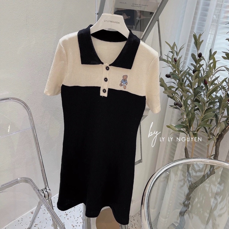 đầm borip phối màu kiểu cổ trụ ngắn tay hơi ôm