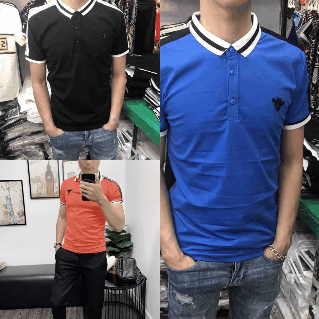 ÁO THUN NAM NGẮN TAY COTTON VIỀN CỔ VAI THÊU CON ONG HOT