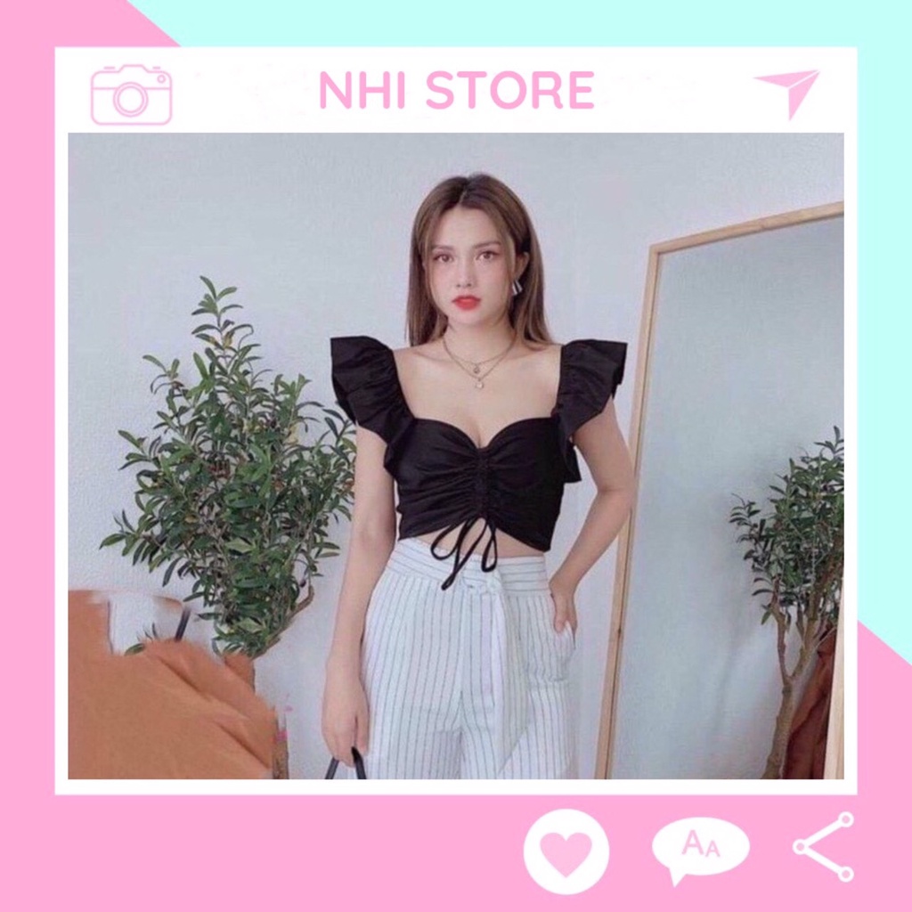 Áo Croptop NHISTORE Cổ V Rút Dây Tay Cánh Tiên Lưng Thun Freesize Dưới 55kg