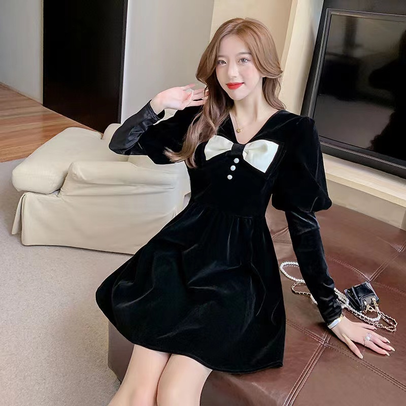 Đầm Nhung Dự Tiệc Phối Nơ Phong Cách Hàn Quốc Mới