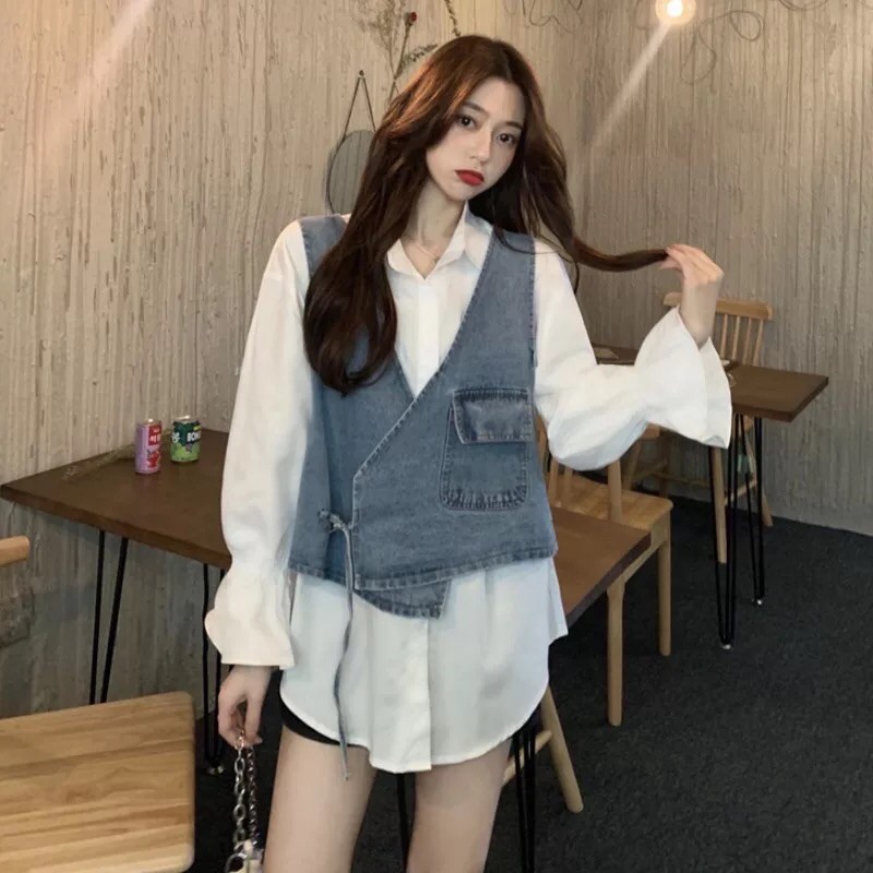 Set Áo Sơmi Trắng Tay Loe + Áo Gi-lê Jean Vạt Chéo Cột Dây Cá Tính