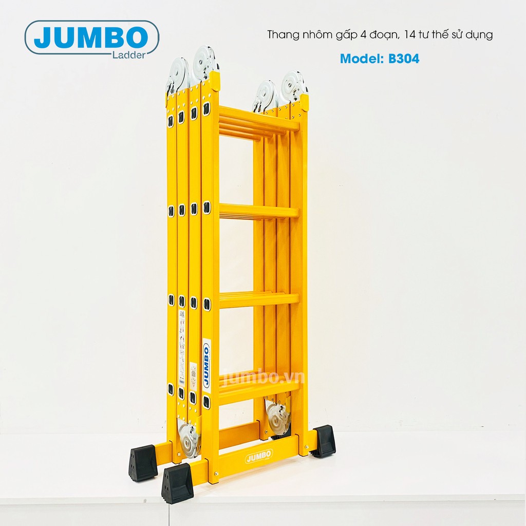 Thang nhôm gấp 4 đoạn JUMBO B303, B304 - Mẫu 2020 cao cấp, tải trọng 300kg, chiều cao từ 1.7m đến 4.7m