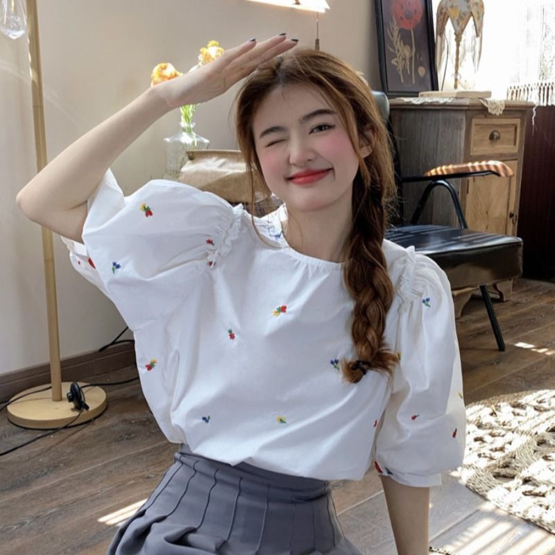 Áo Sơ Mi Cổ Tròn Tay Phồng Thêu Họa Tiết Dễ Thương Phong Cách Hàn Quốc Thời Trang Cho Nữ