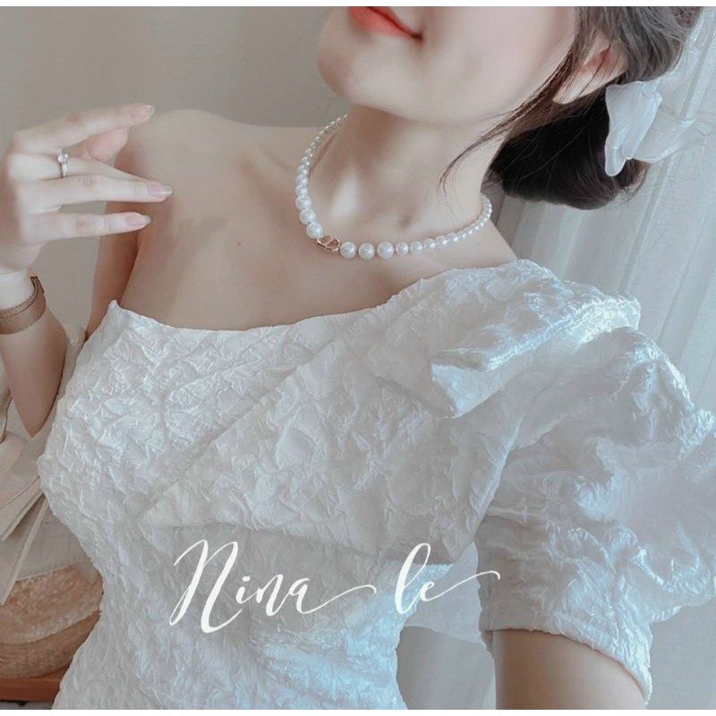 Đầm dự tiệc Gấm Nơ Lệch Vai
