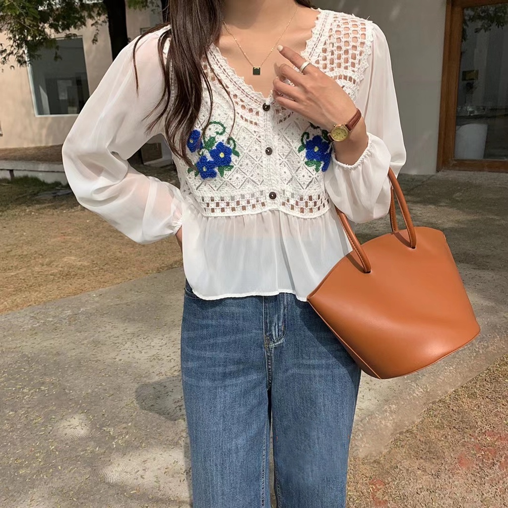 SUXI Áo Sơ Mi Nữ Tay Dài Thêu Hoa Phong Cách Hàn Quốc