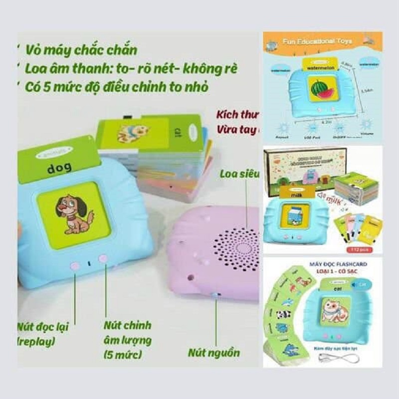 Máy đọc thẻ tiếng anh Flashcard 224 từ vựng cho bé, hàng chính hãng loại 1, không sóng điện từ
