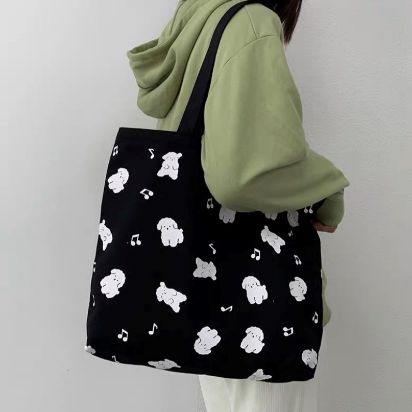 TÚI TOTE ĐEO VAI CÚN ĐEN VẢI CANVAS