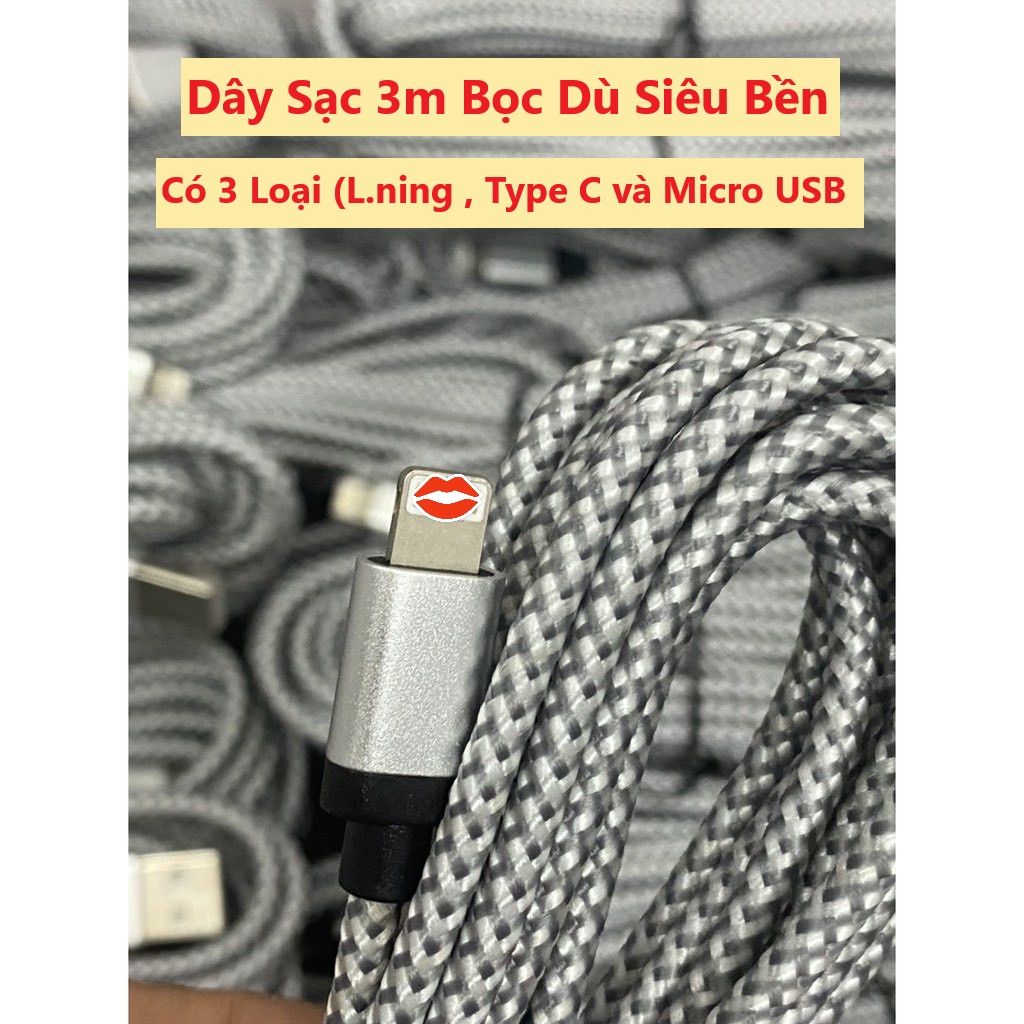 Dây cáp sạc dài 3m có 3 loại (L.ning , Micro USB , Type C) bọc dù siêu bền, hỗ trợ sạc nhanh 2A - TuHaiStore