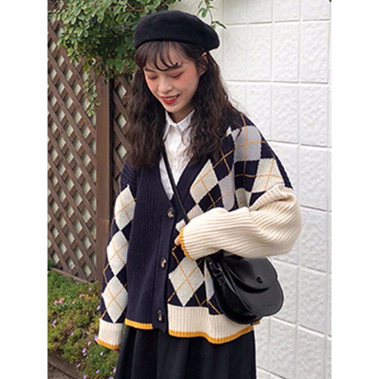 Áo khoác cardigan 2 màu hoạ tiết kim cương phối viền cam - Miss girl