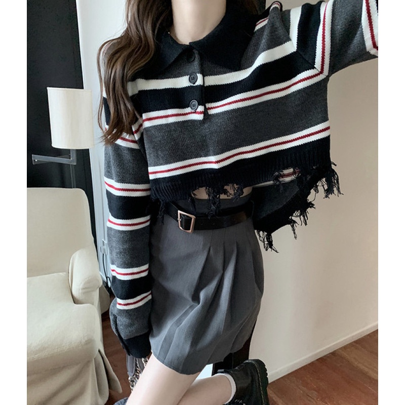 Áo Sweater Cổ polo Tay Dài Họa Tiết Kẻ Sọc Màu Sắc Tương Phản Thời Trang Mùa Thu Dễ Phối Đồ Cho
