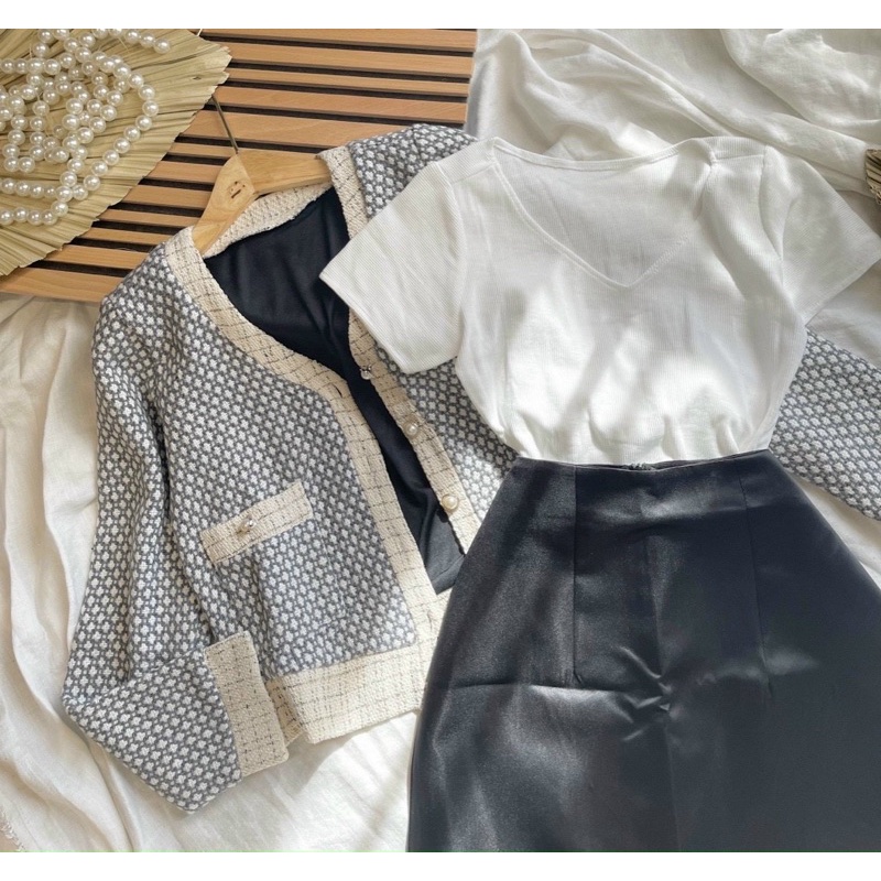 SET 3 MÓN : KHOÁC DẠ VIỀN + ÁO CỔ V + CHÂN VÁY | BigBuy360 - bigbuy360.vn