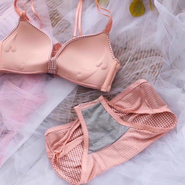 Bộ Đồ Lót Nhún Nơ Phối Kẻ Không Gọng Siêu Xinh | BigBuy360 - bigbuy360.vn