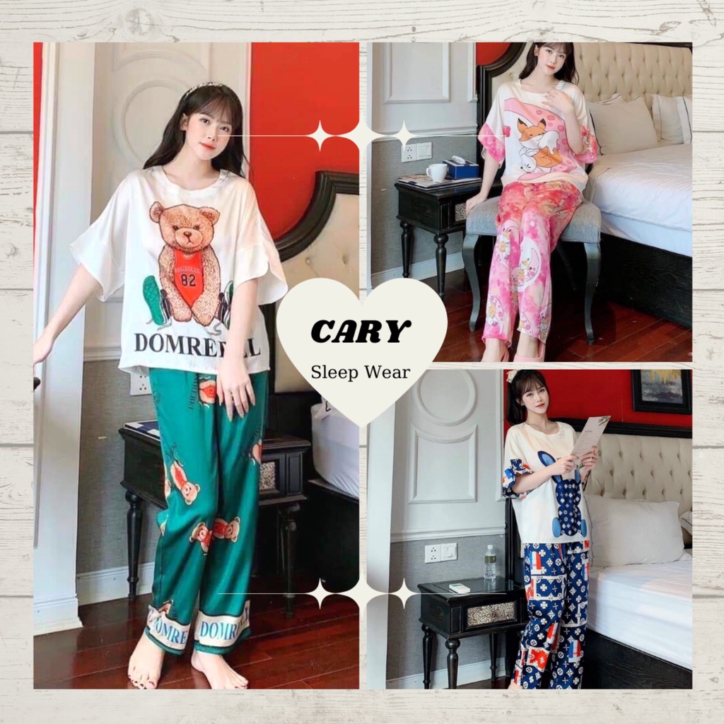 Đồ bộ nữ pijama bộ lụa ngủ mặc nhà tay ngắn quần dài satin dễ thương CARY