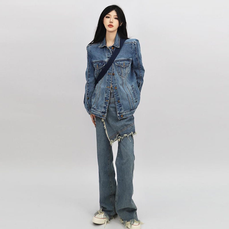 Street style straight jeans women's spring new design sense niche fake two pieces loose horn wide leg pants trendy 8urZ