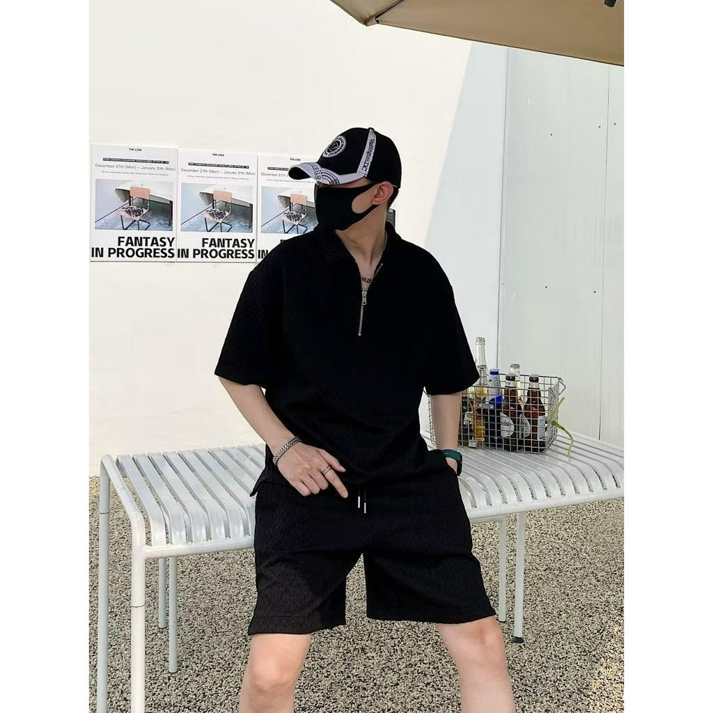 Bộ Áo Thun POLO Ngắn Tay Dáng Rộng + Quần Short Ống Rộng Phối Khóa Kéo Thời Trang Đi Biển Cho Nam