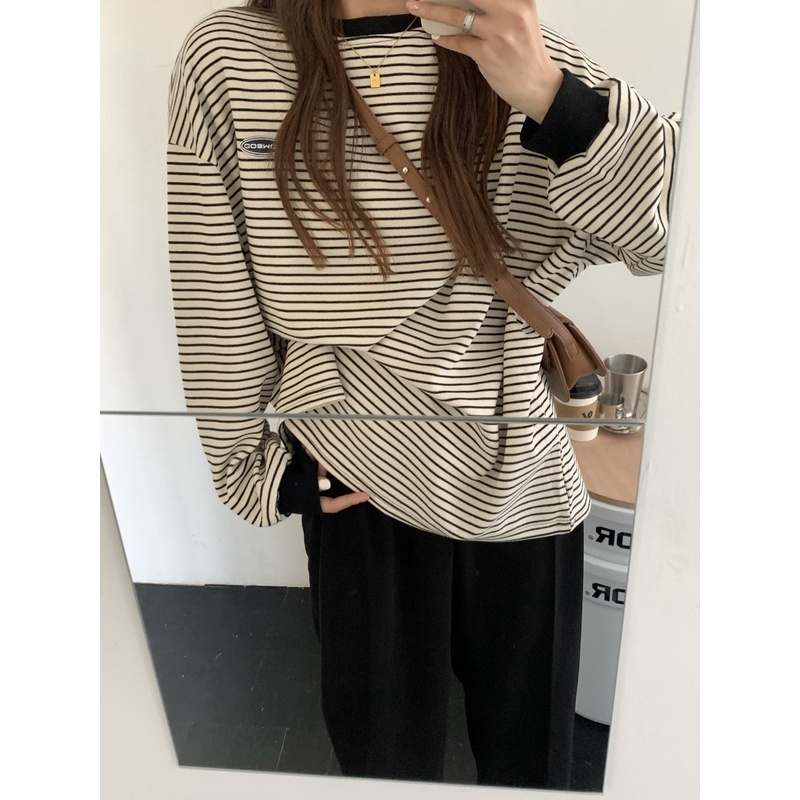 Áo Len Tay Dài Cổ Tròn Họa Tiết Kẻ Sọc Ngang Phong Cách retro Thời Trang Mới Dành Cho Nữ