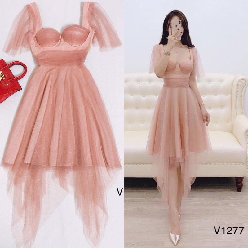 [ xả kho ] MiD Đầm kate phủ lưới kim tuyến V1277 tua rua Mie Design kèm ảnh thật