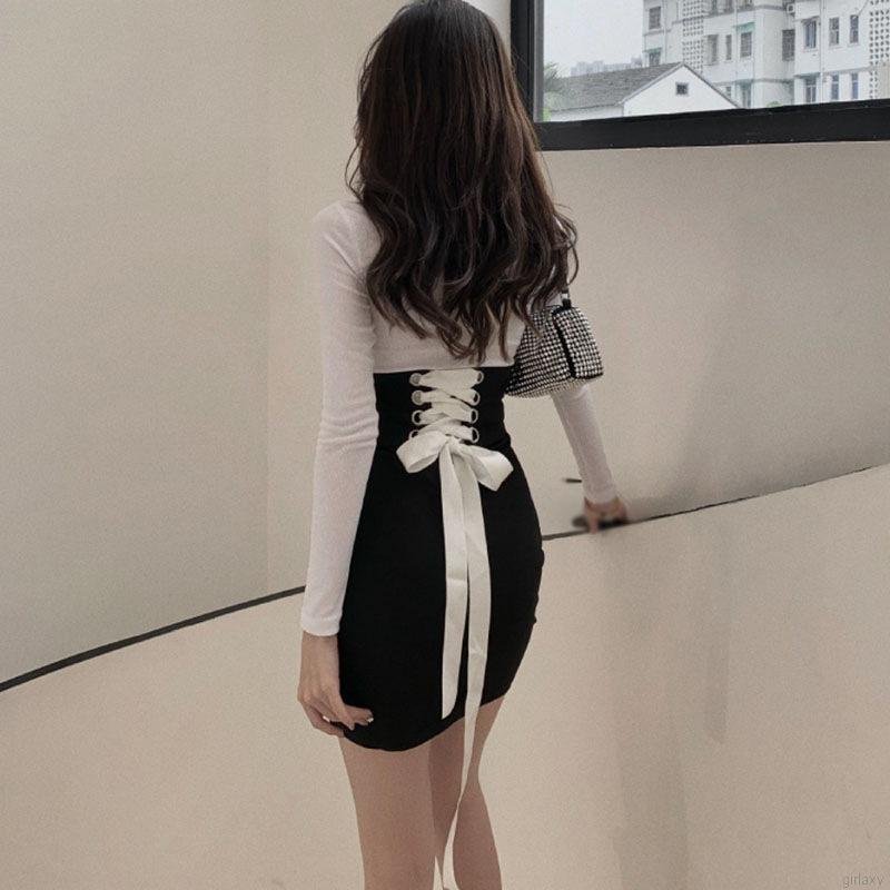 Set áo tay dài cổ tròn và váy bó buộc dây gợi cảm cho nữ