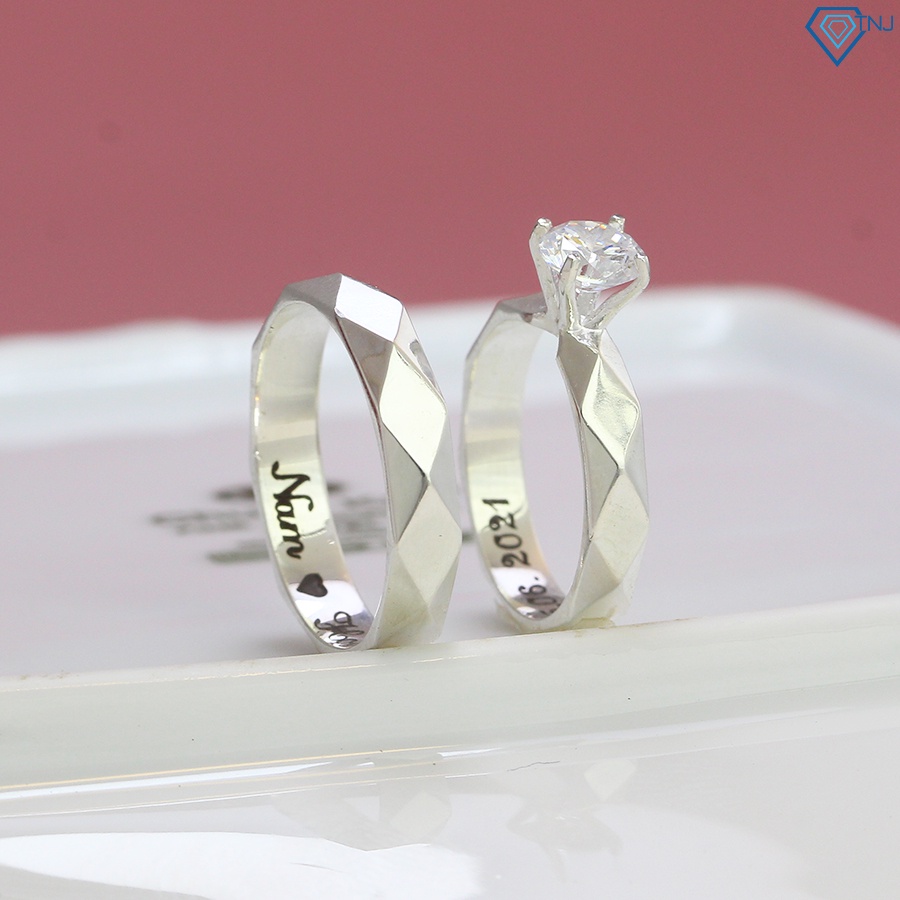 nhẫn bạc đôi nam nữ kẻ caro khắc tên cá tính ND0479 - Trang sức TNJ