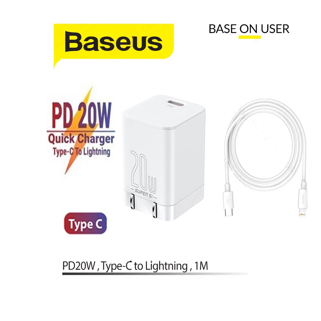 Bộ sạc PD20W Baseus Super Si Pro chân dẹt 1 cổng Type-C kèm dây sạc Type-C to dài 1M cho IP13/12