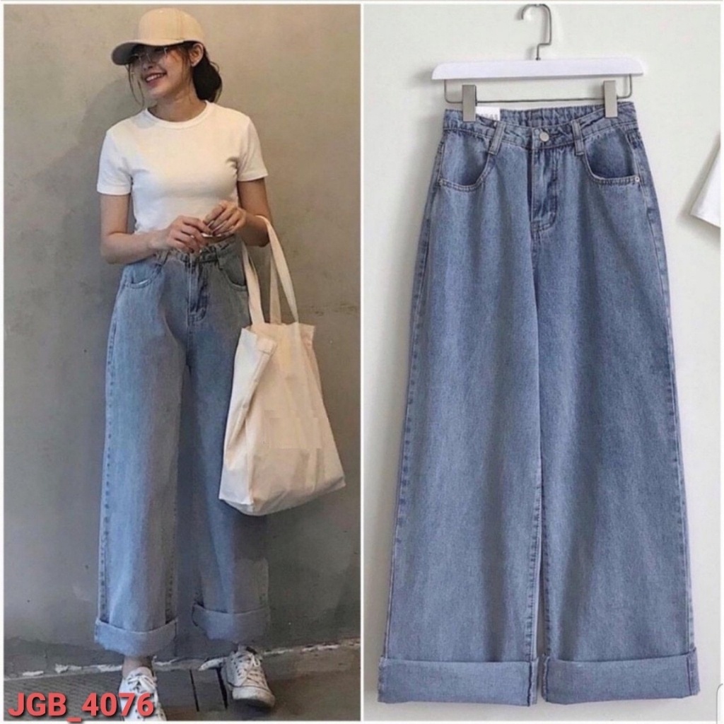 Quần Jean Nữ Lưng Cao Ống Rộng Dáng Suông Dài Qua Chân Siêu Hot Ảnh Thật Shop Chụp Sàn