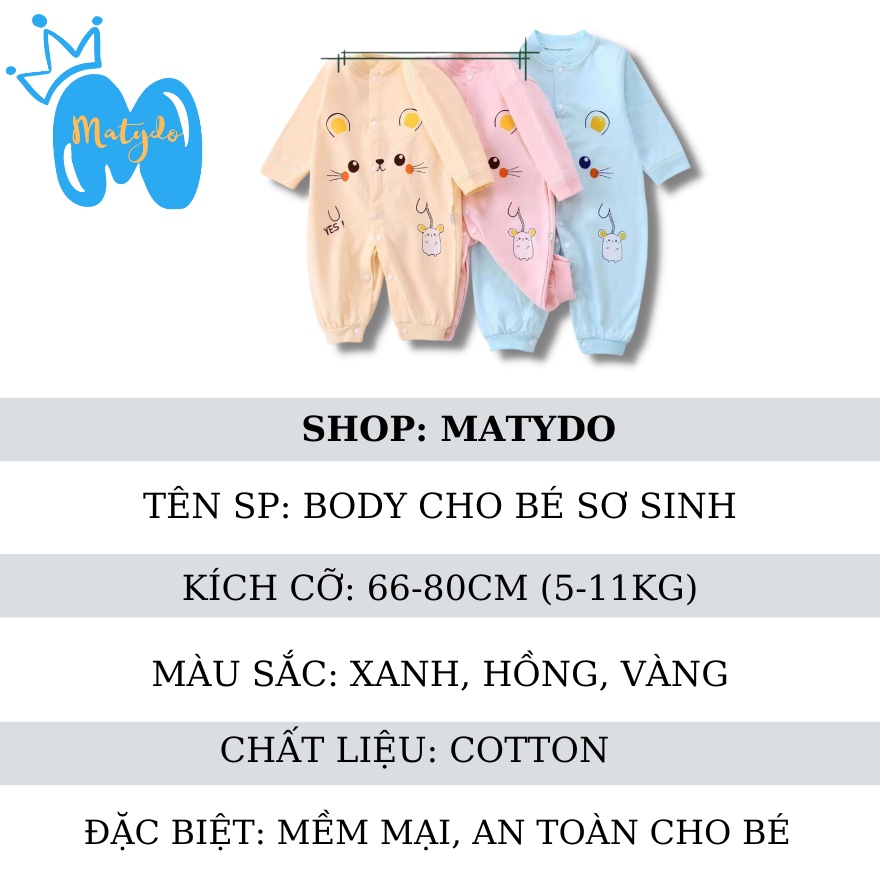 Bộ body cho bé dài tay MATYDO bộ đồ liền thân bodysuit cho trẻ sơ sinh 5-11kg cho bé hình chuột cute