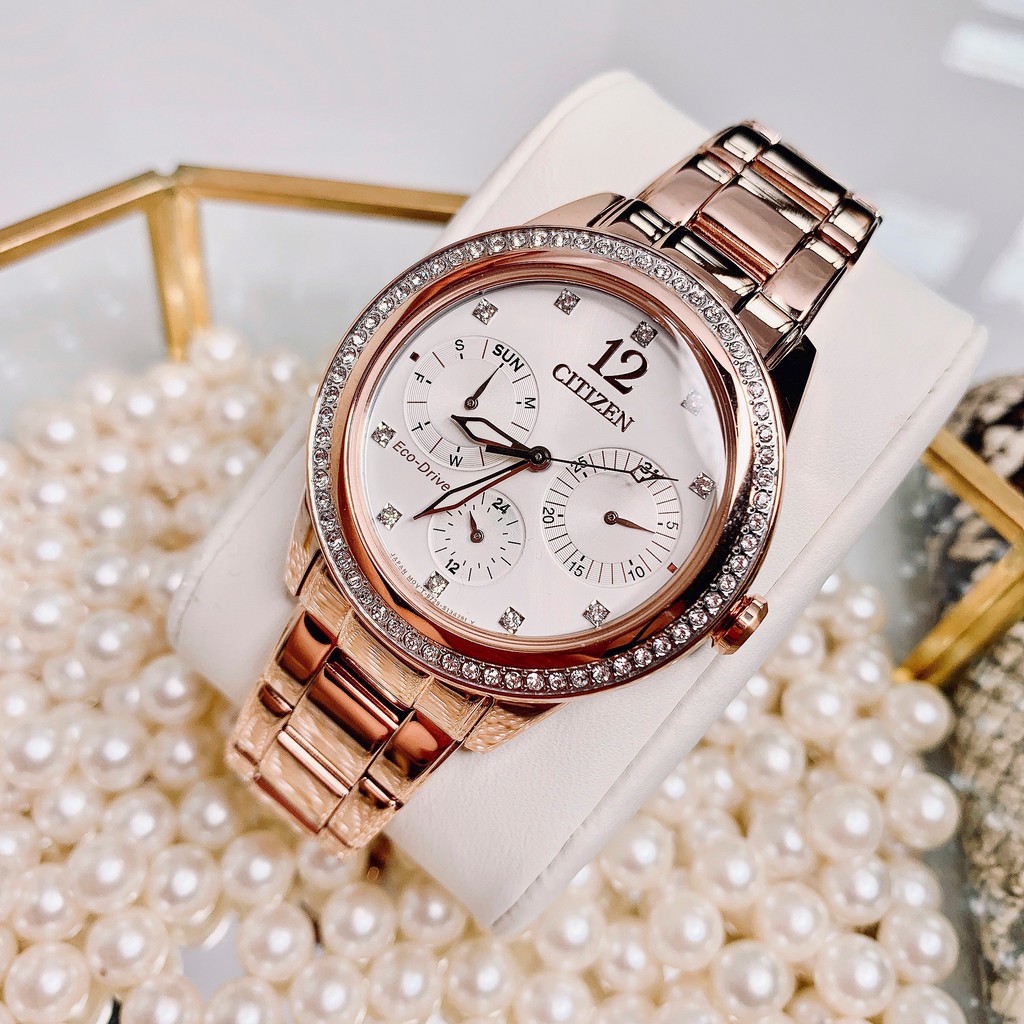 Đồng hồ Nữ Citizen Eco-Drive FD2013-50A Vàng hồng,Mặt trắng,Lịch-Năng lượng ánh sáng-Dây kim loại cao cấp-Size 37mm