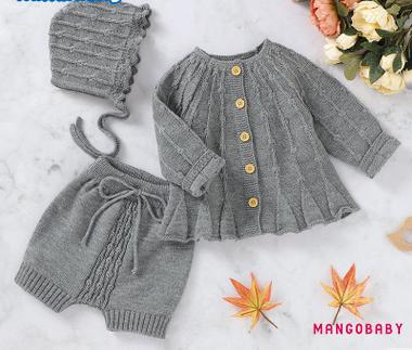 Set Áo Len Cardigan Màu Sắc Trơn Cài Nút + Quần Short + Mũ Cho Bé Gái